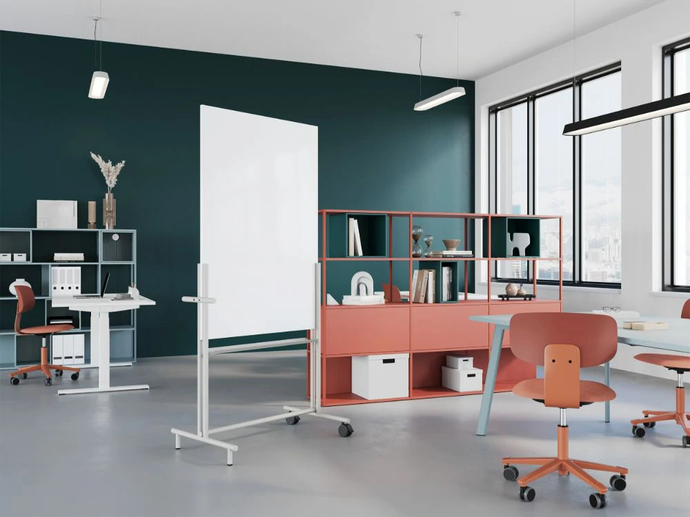 Visi Mobile Whiteboard 5 with Pink Shelving Storage Unit and Grey Meeting Table in Modern Office Setting