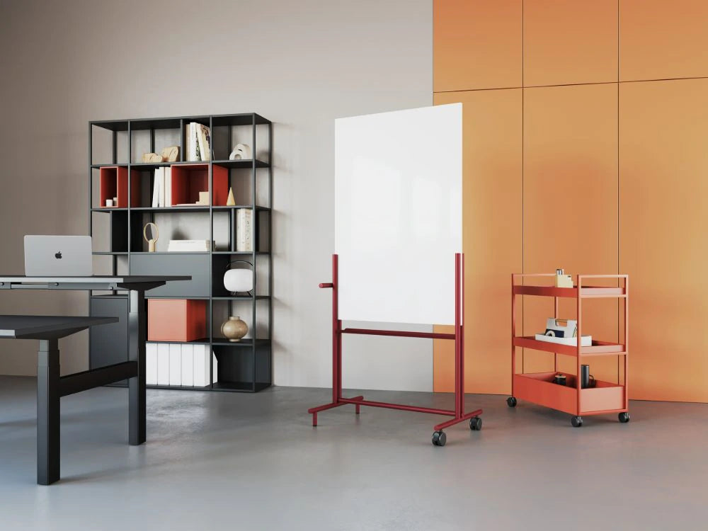 Visi Mobile Whiteboard 6 with Black Shelving Unit and Coral Finished Trolley in Modern Office Setting