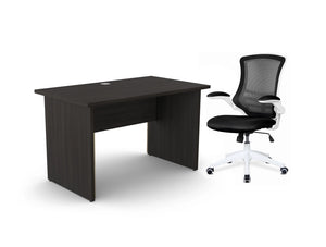 Walnut Home Office Desk With Mesh Adjustable White Chair