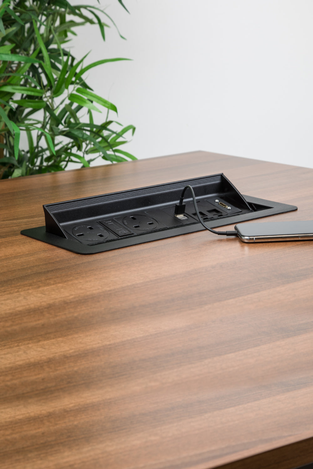 Wave 2 UK Sockets In Desk Power Module Black Attached in the Table