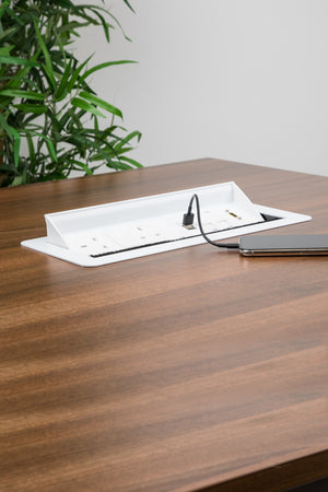 Wave 2 UK Sockets In Desk Power Module White Attached in the Table