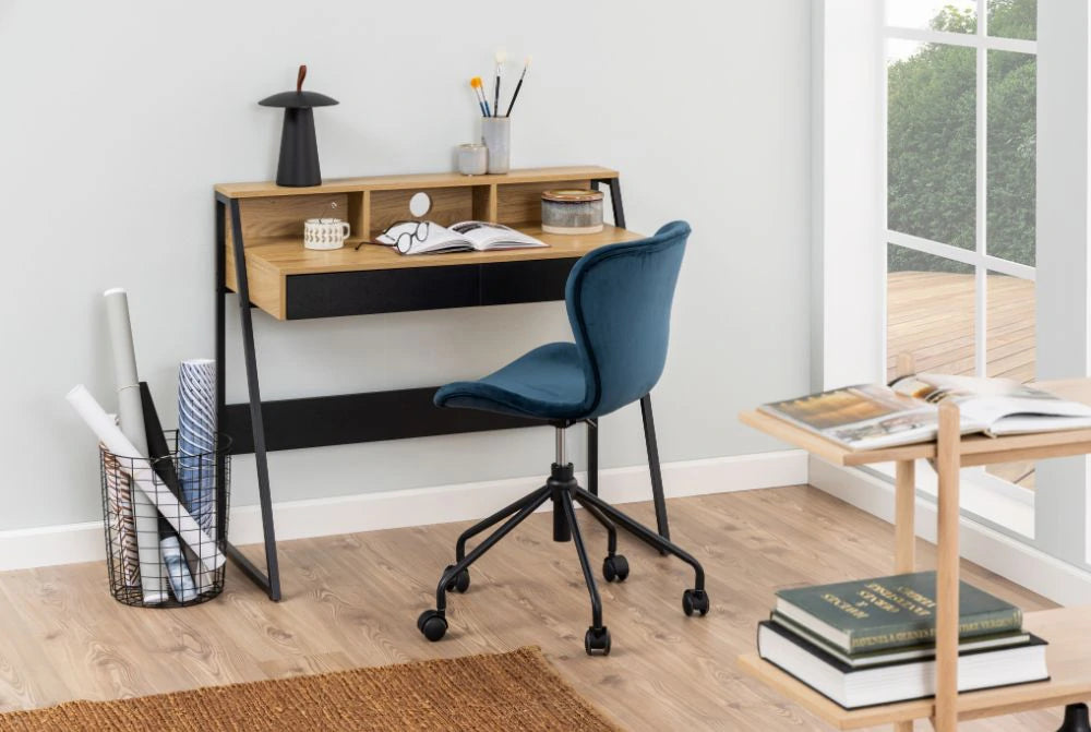 William Home Office Desk Wild Oak 8 with Blue Chair in Study Area Setup