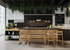 Woodbe Wooden Retangular Bench with High Stool in Bar Counter Setting