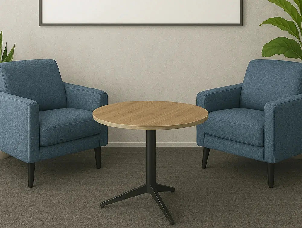 WsD Harmon Single Table Top with Blue Amrchair