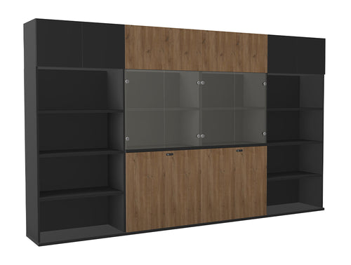 WsD Key Storage Modular 4 Level Storage in Glass Wood Door with High Cabinet and Bookshelves Coffee