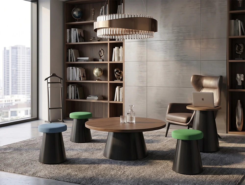 WsD Kontera Stools with Round Coffee Table and Wooden Bookcases