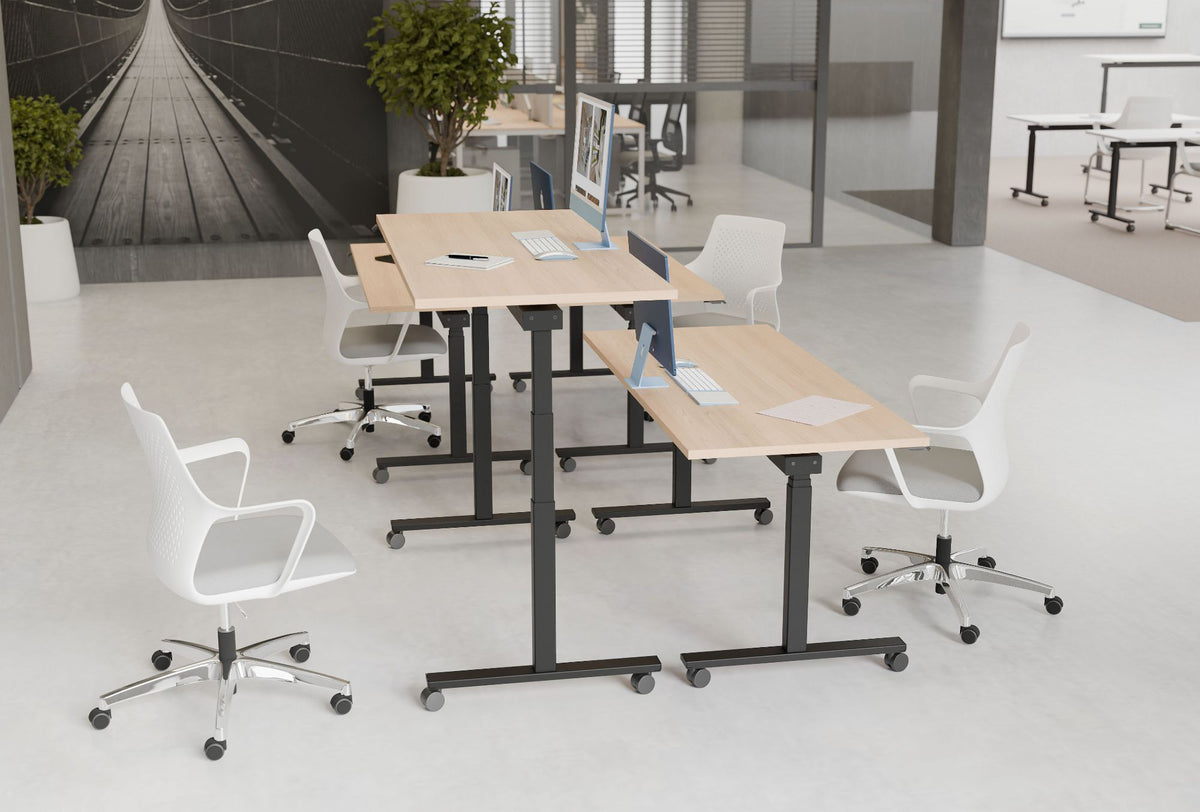 WsD Mara Mobile and Tilting Height Adjustable Table with Gesture Five Star Castors Meeting Room Chair and Indoor Plant in Modern Office Setting 2