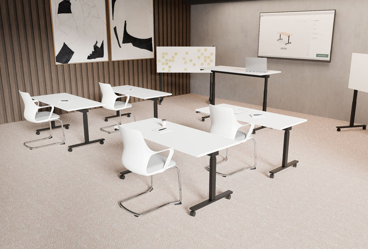 WsD Mara Mobile and Tilting Height Adjustable Table with Gesture Five Star Castors Meeting Room Chair and Whiteboard in Modern Office Setting 2