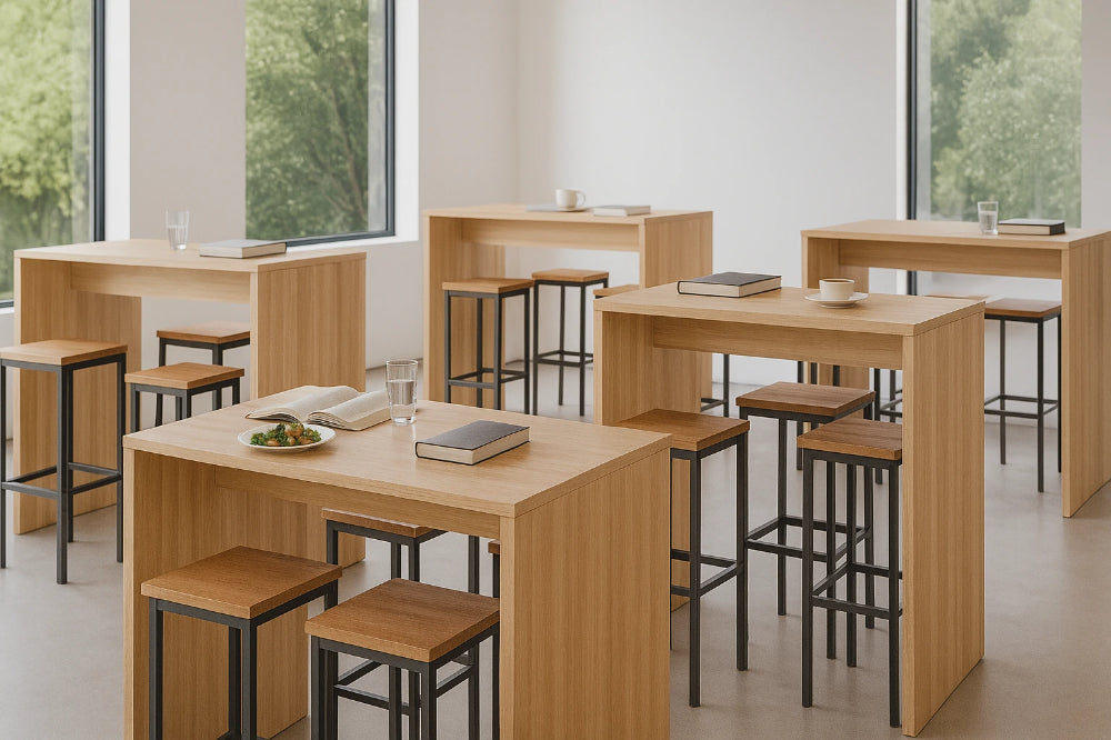 WsD Nestro Wooden Canteen Hightop Table with Square Stools in Cafeteria Setting
