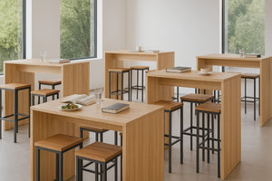 WsD Nestro Wooden Canteen Hightop Table with Square Stools in Cafeteria Setting