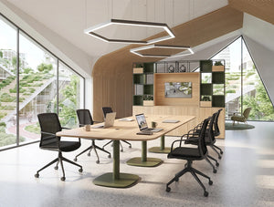 WsD Nexis Plus Cylinder Squircle Base Meeting Table with Rectangular Table Top with Vela Chair in Modern Open Space Meeting Room Setting