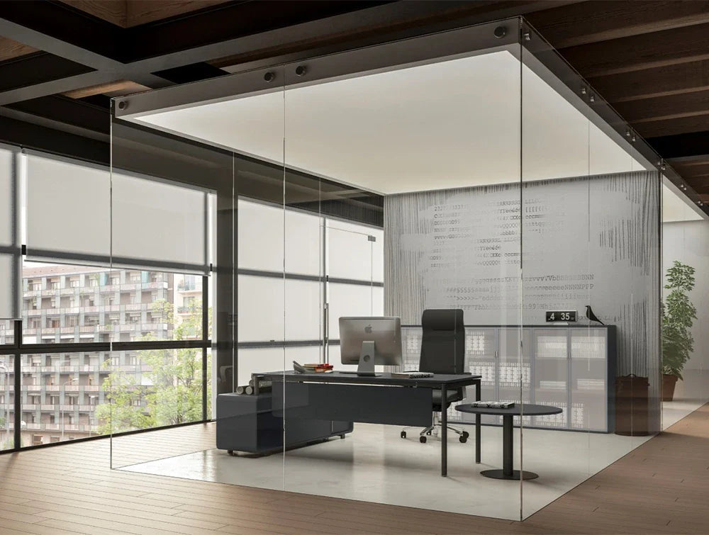 WsD Profil Executive Desk with Credenza in Black Finish with Executive Chair and Round Cylinder Based Table 2