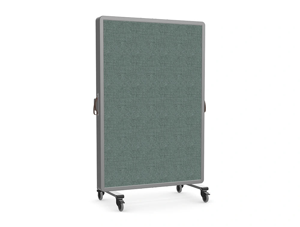 Spry Mobile Wall with Whiteboard and Storage in White Frame with Alega Poseur Table with Black Finish Top in Modern Office Setting