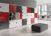 Wuteh 3 Door Locker Different Door Finishes with Low Pouffe in Locker Room Setting