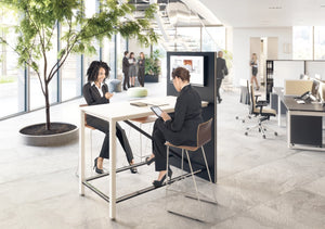 Wuteh High Top Table Multimedia Table with Brown High Stool and Black Top Bench Desk in Modern Office Setting