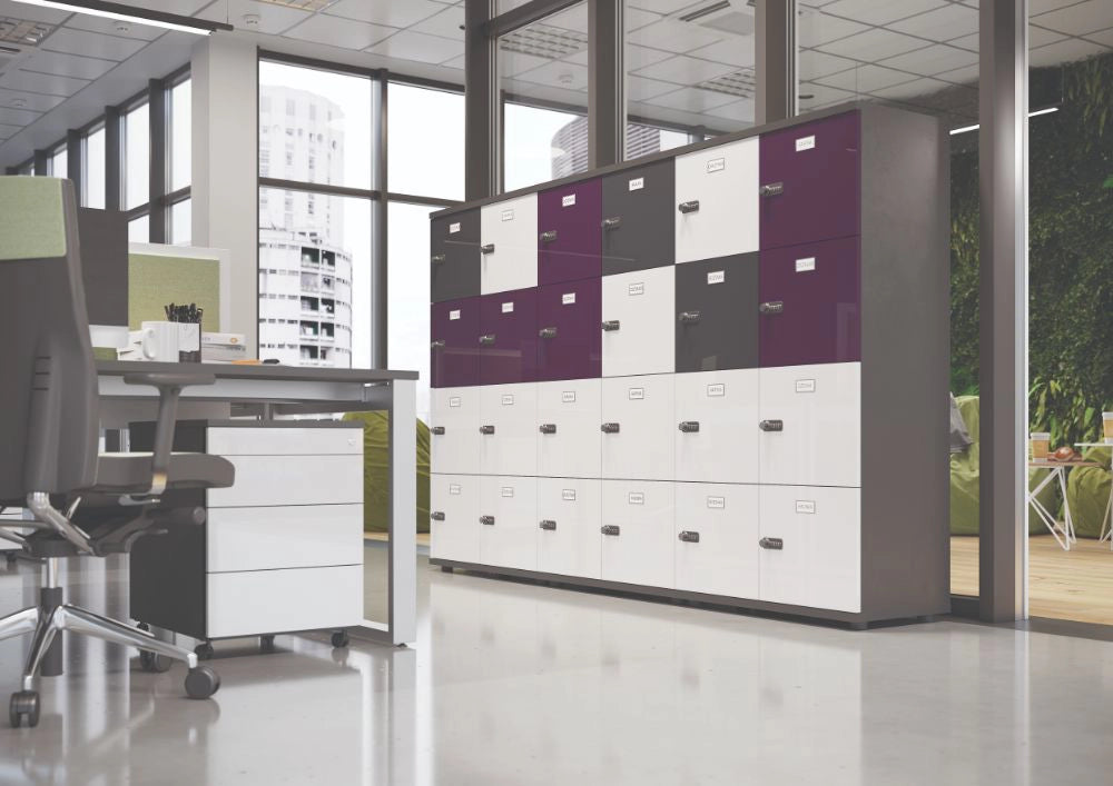 Wuteh Lockers in Different Door Finishes with Grey Top Bench Desk and White Pedestal in Modern Office Setting