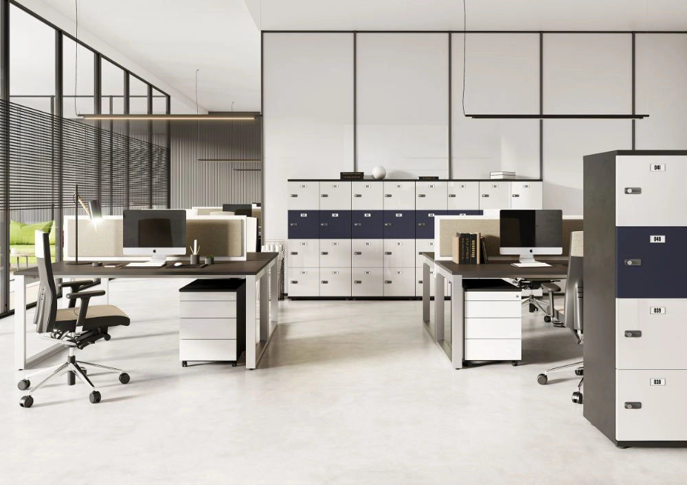 Wuteh Single Column Locker in Black and White Door Finish with Black Top Bench Desk and White and Black Pedestal