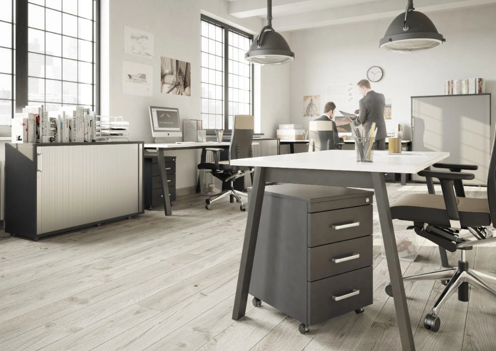 Wuteh Tambour Storage Unit with White Top Desk and Dark Grey Pedestal in Modern Office Setting