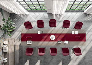 X10 Meeting Room Table with Upholstered Chair and Wooden Cupboard in Modern Office Setting