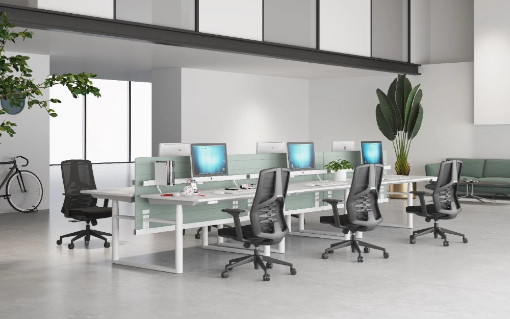 X44 Mesh Back Operator Chair with S Shape Backrest with White Sit Stand Bench Desk with Desk Screen in Modern Office Setting