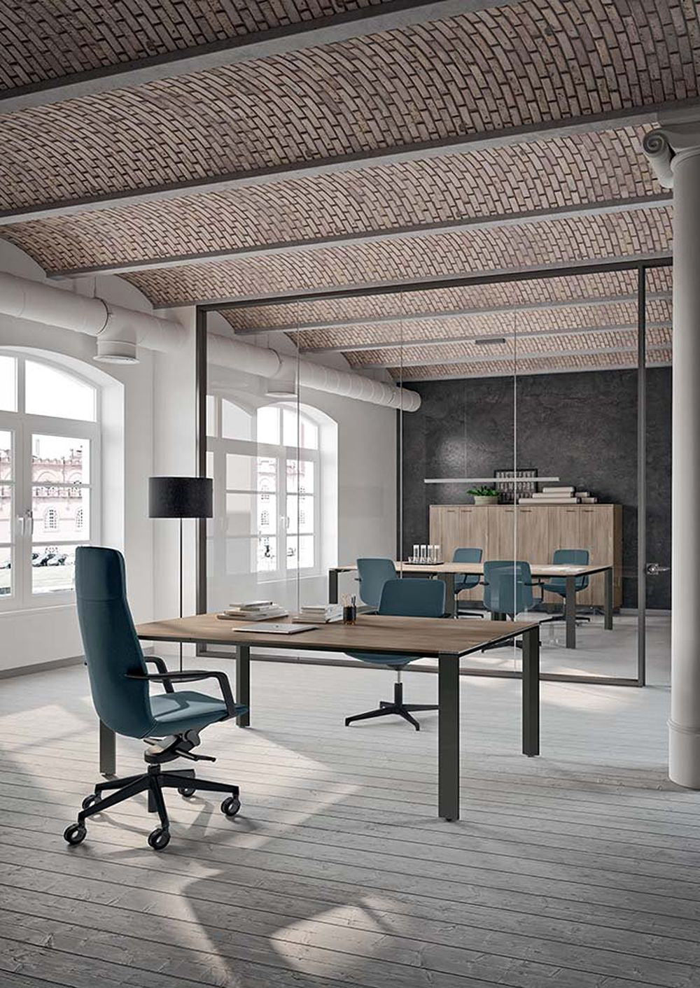 X7 Executive Table with High Back Chair and Wooden Cupboard in Modern Office Setting