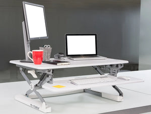 Yo Yo Desk 90 Sit Stand Solution White 4 With Monitors And Red Mug On Top