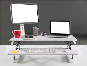 Yo Yo Desk 90 Sit Stand Solution White 5 With Monitors And Red Mug On Top