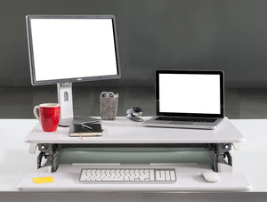 Yo Yo Desk 90 Sit Stand Solution White 6 With Monitors And Red Mug On Top