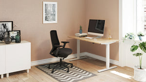 Zoom Single Desk With Bamboo Top 2 With Black Swivel Armchair And Desktop Monitor In Home Office Setting