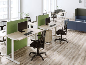 Zoom Single Desk With Bamboo Top 3 With Black Office Chair And Green Desk Screen In Office Settings