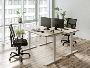 Zoom Single Desk With Bamboo Top 4 With Mesh Back Armchair And Computer Monitor And Keyboard In Office Settings