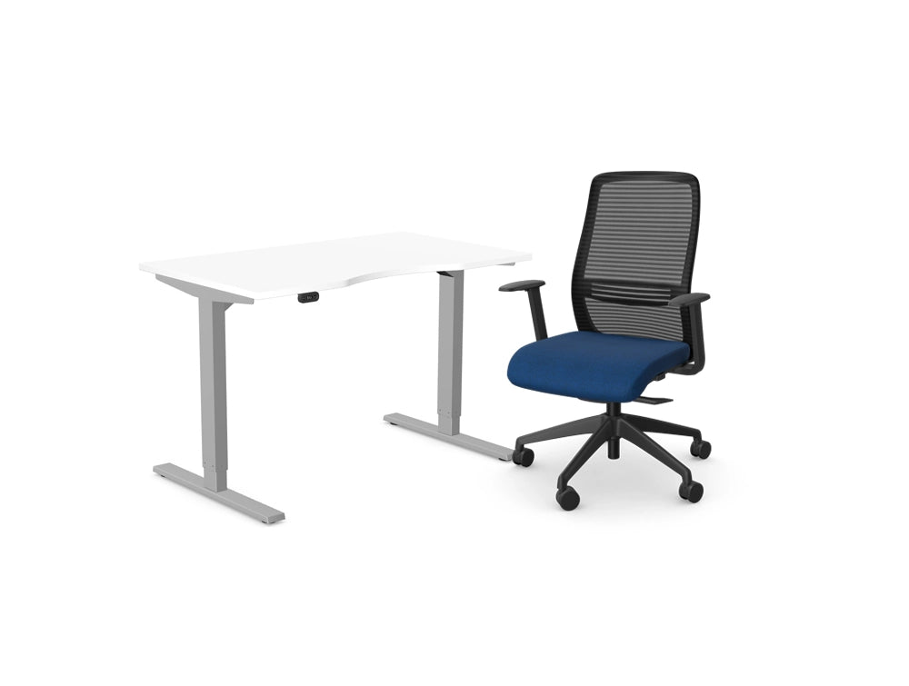 Zoom White Sit Stand Desk With Blue Nv Ergonomic Mesh Chair Bundle