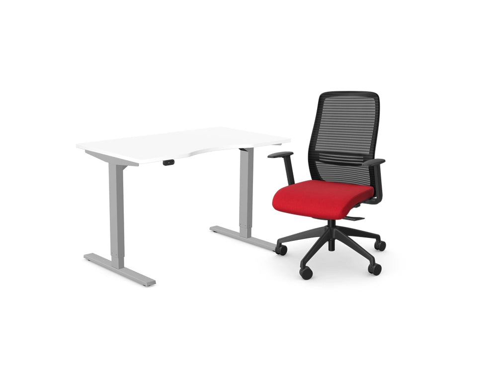 Zoom White Sit Stand Desk With Red Nv Ergonomic Mesh Chair Bundle