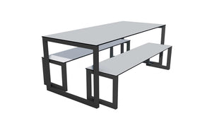 City Outdoor Dining Table And Benches Grey Finish Top Black Frame Base 1200Mm
