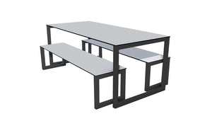 City Outdoor Dining Table And Benches Grey Finish Top Black Frame Base 1500Mm