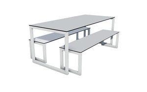 City Outdoor Dining Table And Benches Grey Finish Top Silver Frame Base 1200Mm