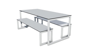 City Outdoor Dining Table And Benches Grey Finish Top Silver Frame Base 1500Mm