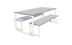 City Outdoor Dining Table And Benches Grey Finish Top White Frame Base 1200Mm