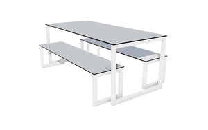 City Outdoor Dining Table And Benches Grey Finish Top White Frame Base 1500Mm
