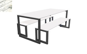 City Outdoor Dining Table And Benches Marble Finish Top Black Frame Base 1200Mm