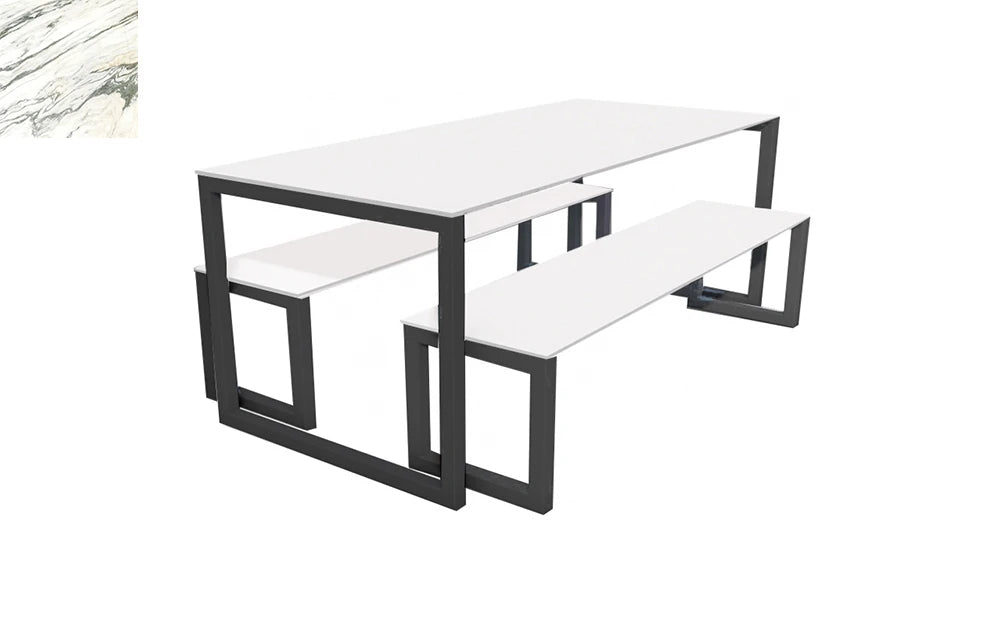 City Outdoor Dining Table And Benches Marble Finish Top Black Frame Base 1200Mm