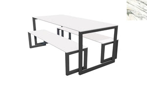 City Outdoor Dining Table And Benches Marble Finish Top Black Frame Base 1500Mm