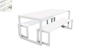 City Outdoor Dining Table And Benches Marble Finish Top Silver Frame Base 1800Mm