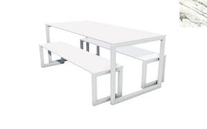 City Outdoor Dining Table And Benches Marble Finish Top Silver Frame Base 2200Mm