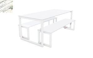 City Outdoor Dining Table And Benches Marble Finish Top White Frame Base 1200Mm