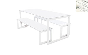 City Outdoor Dining Table And Benches Marble Finish Top White Frame Base 2200Mm