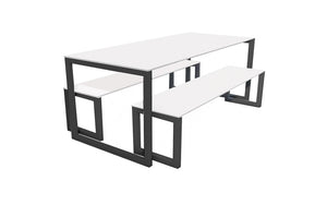 City Outdoor Dining Table And Benches White Finish Top Black Frame Base 1200Mm