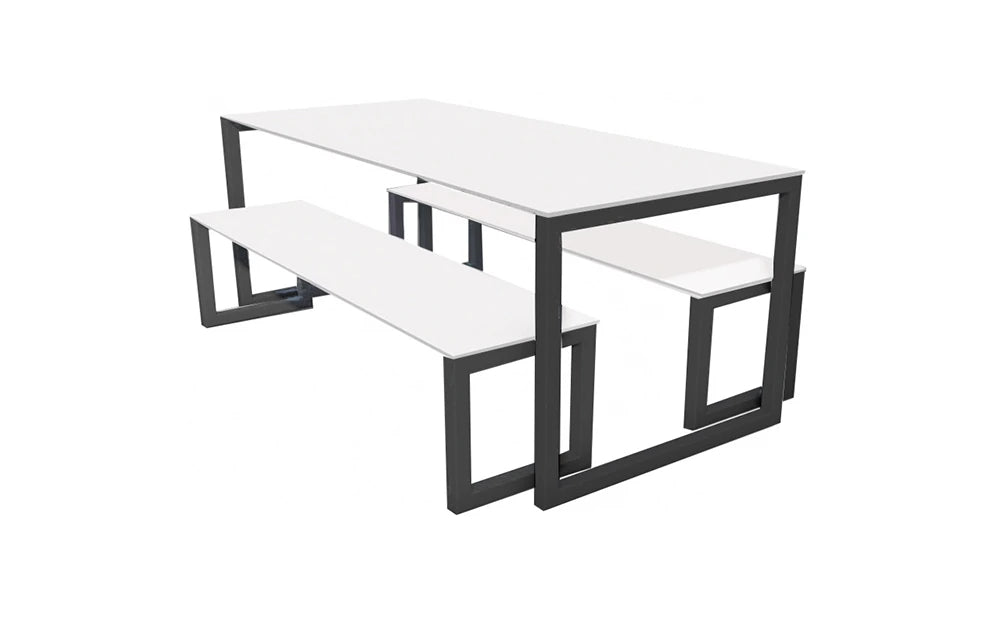 City Outdoor Dining Table And Benches White Finish Top Black Frame Base 1200Mm