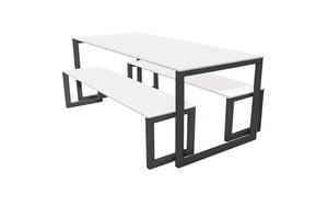City Outdoor Dining Table And Benches White Finish Top Black Frame Base 1500Mm