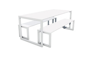 City Outdoor Dining Table And Benches White Finish Top Silver Frame Base 1200Mm